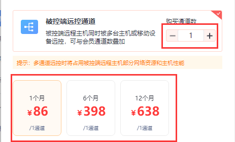 选择远控通道数量和期限